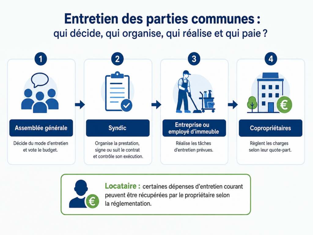 Démonstration des 4 responsables de l´entretien des parties communes avec leurs 4 fonctions respectives