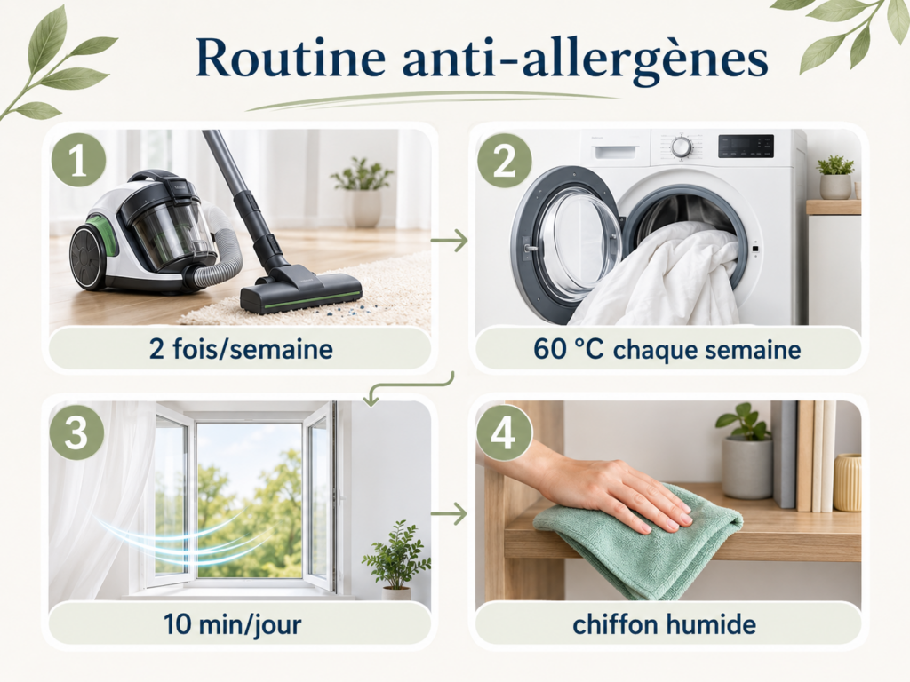 Routine simple pour réduire les allergènes: aspirateur, linge à 60 degré C et chiffon humide
