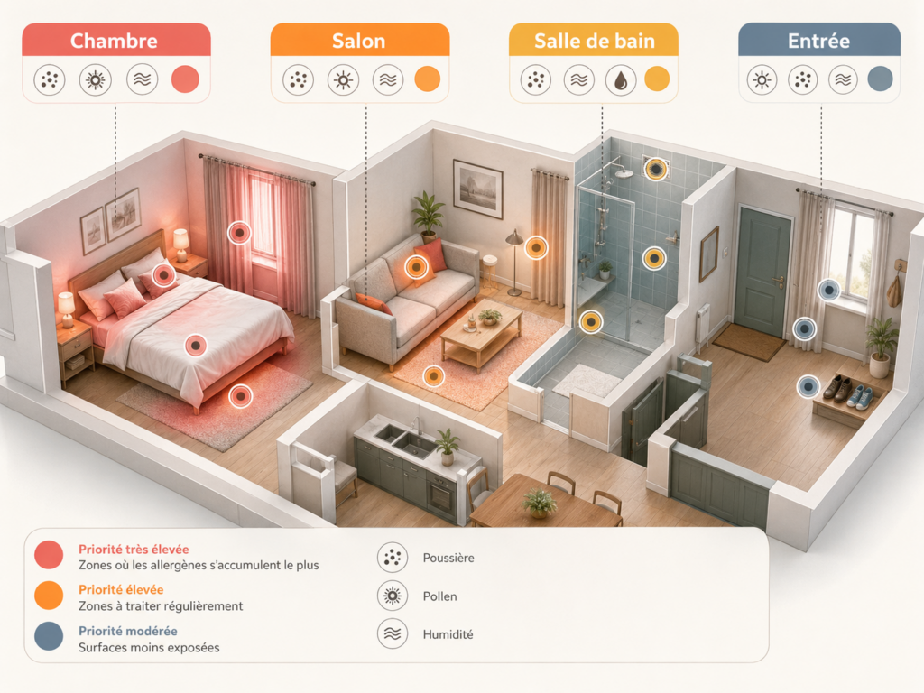 Zones à nettoyer en priorité contre les allergènes pour un nettoyage ciblé et efficace y compris: la chambre, le salon, la salle de bain et l'entrée